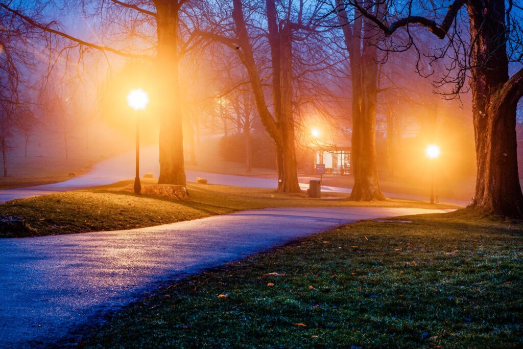 Three glowing lamps accompany a misty-shrouded path like ghostly apparitions.